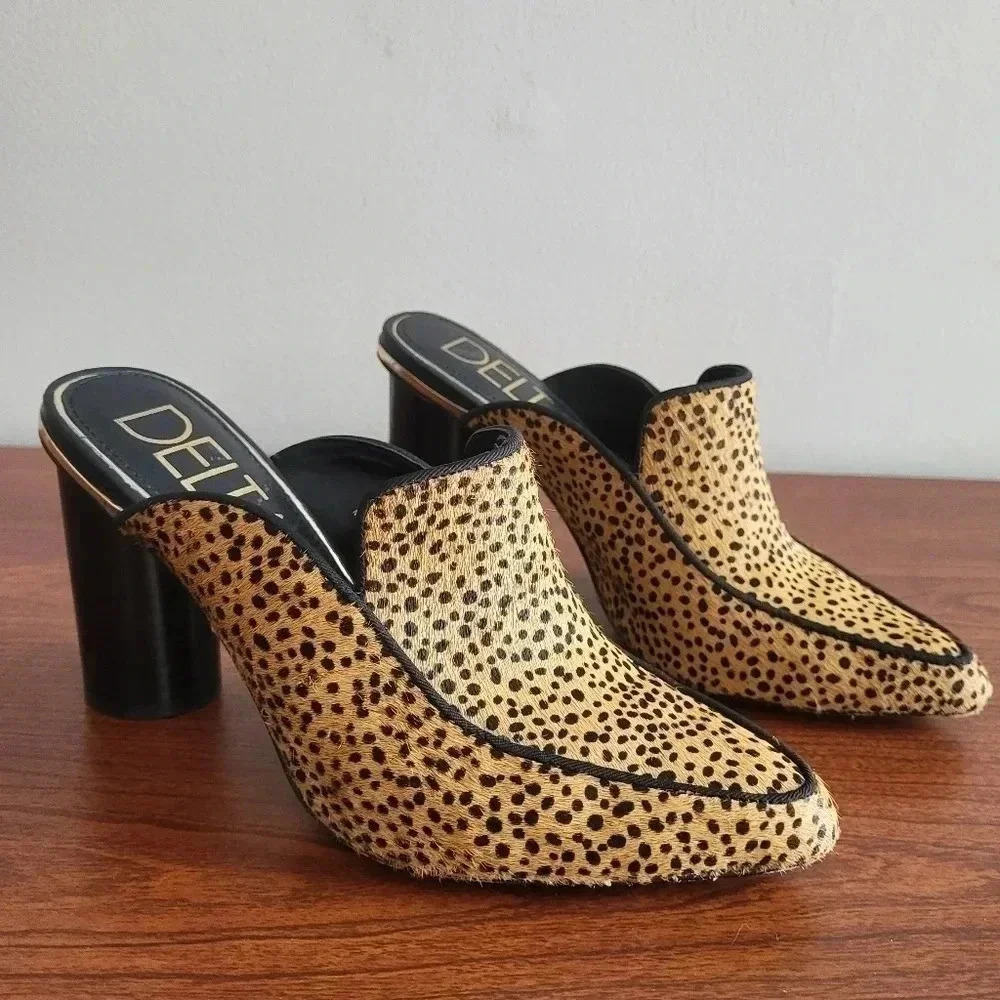 Deltan Leather Cheetah Print Dyed Calf Hair Pointed Toe Slip on Mules(6)